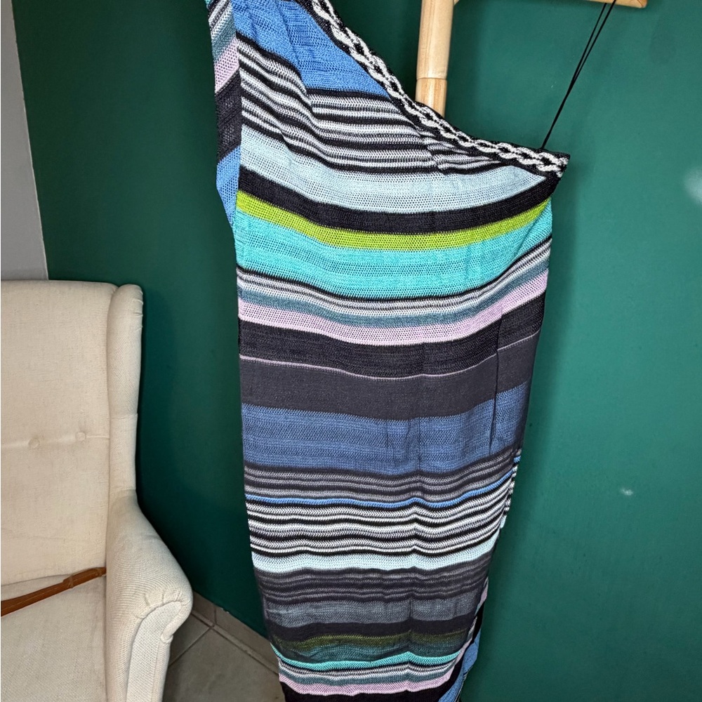 Missoni One Shoulder Dress in Blue and Green Stripes